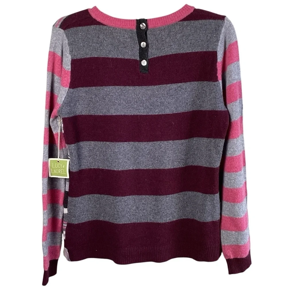 Lucy & Laurel NWT Merino Wool Pullover Sweater pink gray striped button back L
